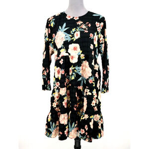 Zara Dress Womens XL Black Pink Floral Tiered Trapeze Swing Lightweight Career